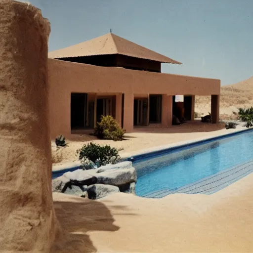 Image similar to a photo of a desert villa in 1 9 7 5, color,