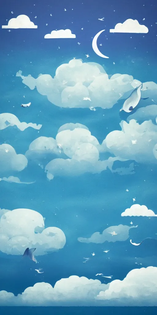 Prompt: realistic ocean in the sky, whale, clouds, moon, water