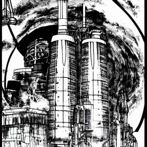 Prompt: nuclear reactor in fallout Kim Jung Gi black and white