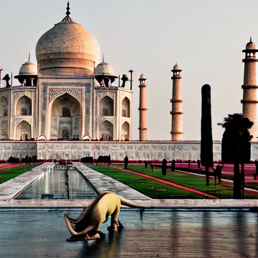 Prompt: a photo of t-rex roaming around the Taj Mahal long shot iso 100_