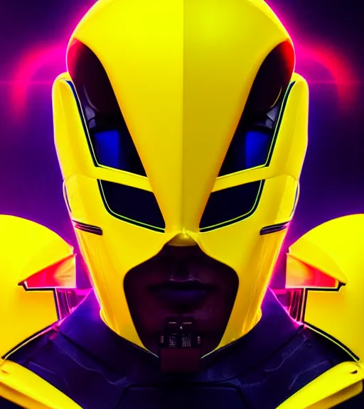 Image similar to symmetry!! yellow ranger, lightning - bolt - shaped helmet!!, hard edges, product render retro - futuristic poster scifi, lasers and neon circuits, thunder strikes, lightning, intricate, elegant, highly detailed, digital painting, artstation, concept art, smooth, sharp focus, illustration, dreamlike, art by artgerm