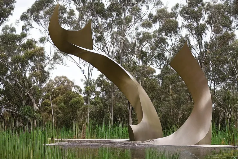 Image similar to “dramatic award-winning sculpture in an Australian wetlands, sculpture garden”