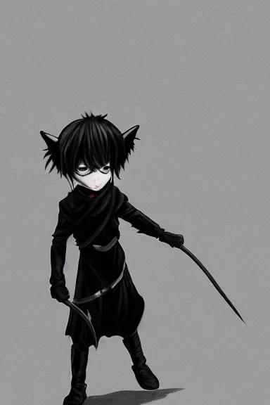 Image similar to little boy with cat ears in an black outfit with red cape. digital artwork made by lois van baarle and kentaro miura and marc simonetti, sharpness focus, inspired by hirohiko araki and noir film, anatomically correct, heroic composition, hero pose, smooth