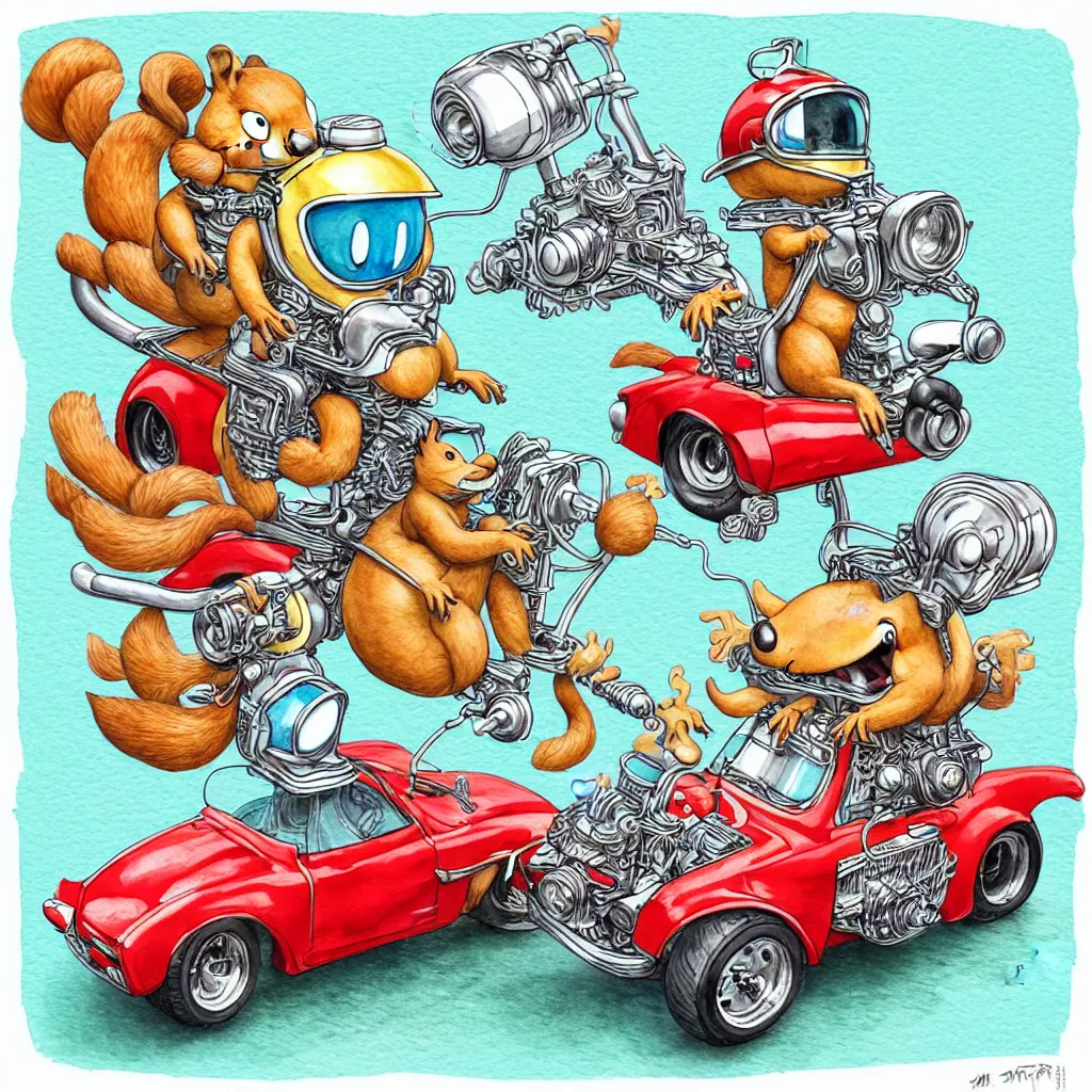 Image similar to cute and funny, squirrel wearing a helmet riding in a hot rod with oversized engine, ratfink style by ed roth, centered award winning watercolor pen illustration, isometric illustration by chihiro iwasaki, edited by range murata, tiny details by artgerm and watercolor girl, symmetrically isometrically centered, sharply focused