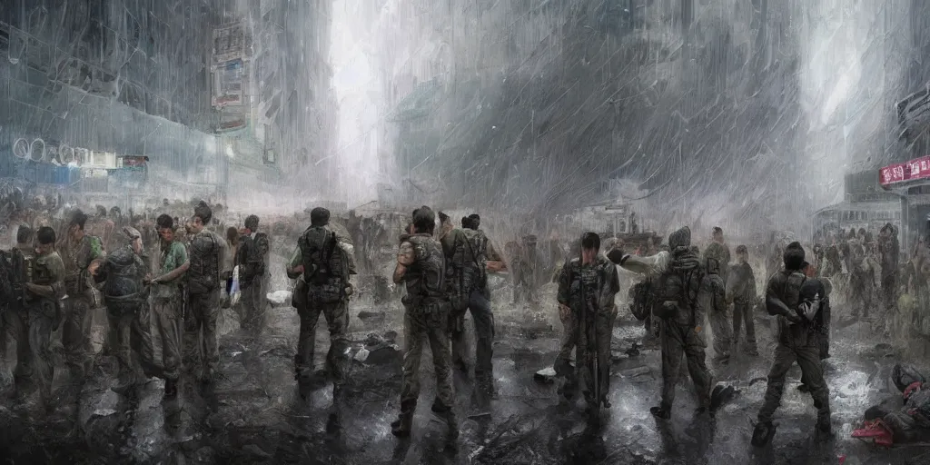 Prompt: private military company operatives standing outside immigration check point crowded with climate crisis migrants, severe weather storms, hong kong, cinematic, realistic, detailed, intricate, digital art, ambient lighting, by jordan grimmer, industrial art style, 3 5 mm film grain, artstation