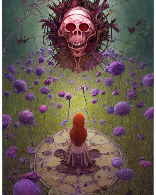 Prompt: the platonic ideal of flowers, rotting, insects and praying of cletus kasady carnage davinci dementor chtulu mandala ponyo alice in wonderland dinotopia watership down, fantasy, ego death, decay, dmt, psilocybin, concept art by greg rutkowski and simon stalenhag and alphonse mucha