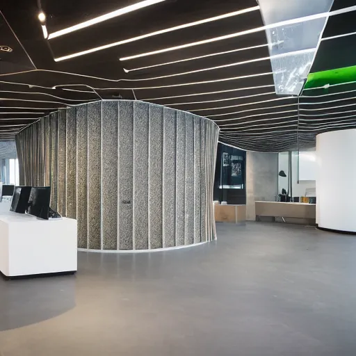 Prompt: interior photography of a Microsoft Samsung flagship store, black walls, wood, polished concrete, spotlights, verdant plant wall, white neon wash, award winning interior design, patterns and textures, retaildesignblog, dezeen, 14mm, 8k, cinestill, pentax, film