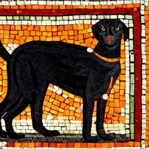 Prompt: a byzantine mosaics art of a thin black labrador dog, a orange / white tabby cat and a calico cat