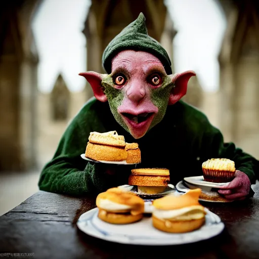 Image similar to closeup portrait of a medieval goblin eating cakes in the cloisters, depth of field, bokeh, zeiss lens, detailed, symmetrical, centered, fashion photoshoot, by annie leibovitz and steve mccurry, david lazar, jimmy nelsson, breathtaking, 8 k resolution, extremely detailed, beautiful, establishing shot, artistic, hyperrealistic, beautiful face, octane render