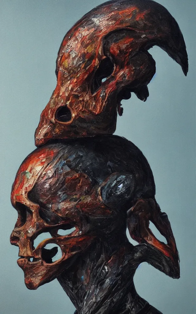 Image similar to a mutant man with a crow beak growing from his skull, oil painting, dramatic lighting, hyperrealistic, ultra detailed