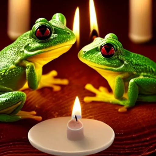 Image similar to intricate romantic candle light dinner of two frogs