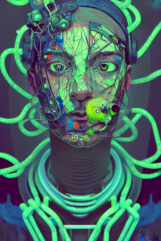 Image similar to abstract portrait, cyberpunk art, floating detailes, very detailed face, leaves by miyazaki, colorful palette illustration, kenneth blom, mental alchemy, james jean, pablo amaringo, naudline pierre, contemporary art, hyper detailed