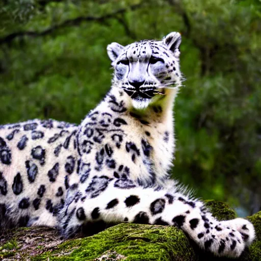 Prompt: anthropomorphic snow leopard leaning against a tree with a bow