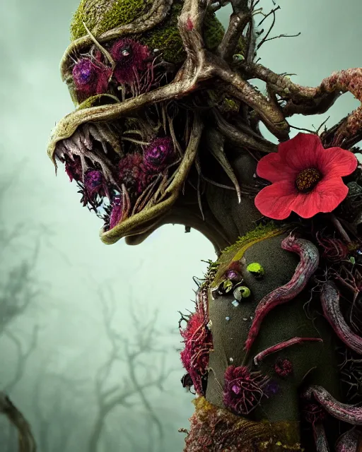 Image similar to a disturbing horror photograph of a fantasy creature made out of nature and flowers and fungus, intricate, hyperrealism, sharp focus, cinematography, highly detailed, octane render, digital horror cgi 4 k, matte, photograph by professional photographer