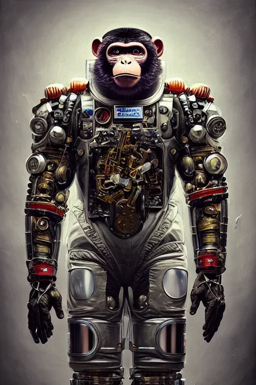 Prompt: a portrait of a muscular anthropomorphic cyberpunk monkey in spacesuit armor with ensignia on chest plate by sandra chevrier, by jon foster, detailed render, post - processing, extremely hyperdetailed, intricate, epic composition, cybernetics, 4 k realistic, cryengine, realistic shaded lighting, sharp focus, masterpiece, by enki bilal