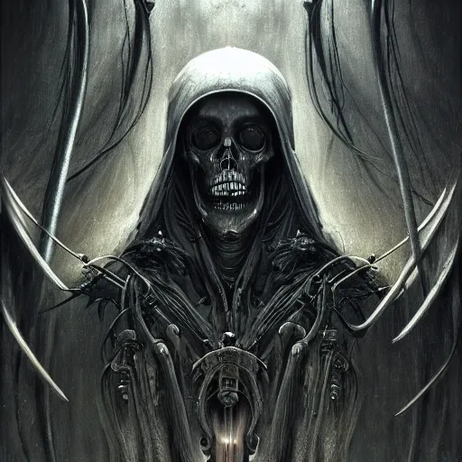 Image similar to a portrait of the grim reaper of death, sci-fi concept art by giger and beksinski and szukalski and wlop and pete mohrbacher, digital art, highly detailed, intricate, horror, sharp focus, Trending on Artstation HQ, deviantart, unreal engine 5, 4K UHD image