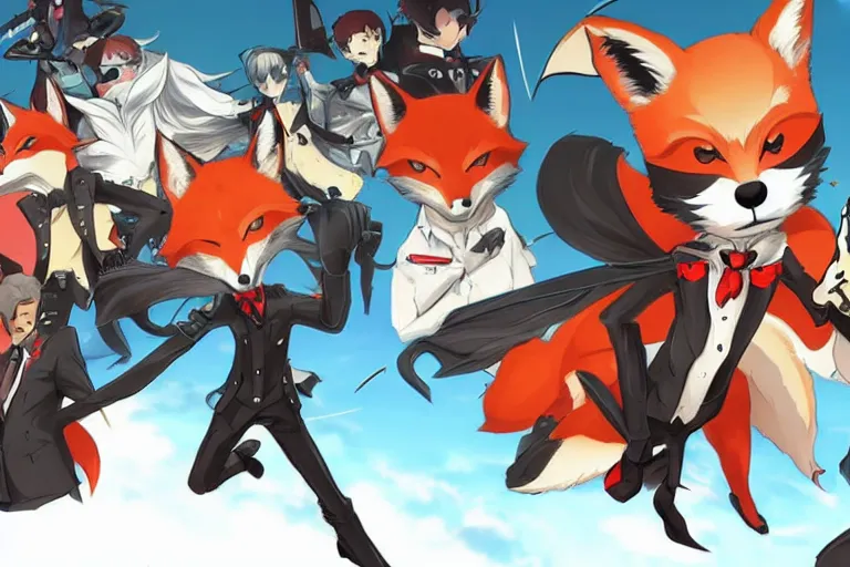 Image similar to a furry tan male fox on a persona 5 : royal ( by atlus ) video game splash screen, a furry male sandcolored tan fox fursona ( has hair ), persona 5 phantom thief style