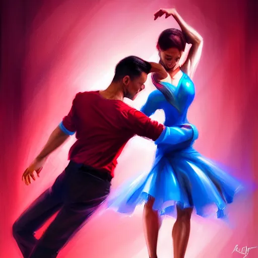 Prompt: semi realistic portrait Salsa Dancing by Stanley Artgerm Lau, strong rim light, Gesture draw, Salsa Social Dance, couple, Salsa tricks, explosive colors background, WLOP, Rossdraws, Gesture draw, James Jean, Andrei Riabovitchev, Marc Simonetti, and Sakimichan, trending on artstation