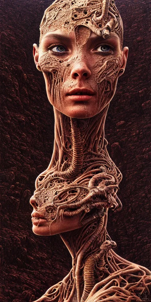 Image similar to ultra realist intricate detailed portrait of a single rugged attractive female on an alien lanscape, insanity, accurate features, apocalyptic, very intricate details, 8 k resolution, dim lighting, artstyle zdzisław beksinski and keith thompson, award winning