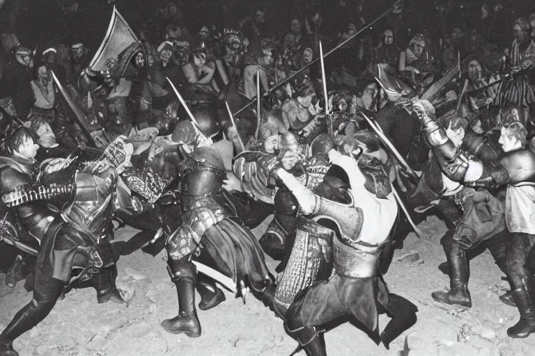 Image similar to a very old photo of duel in medieval times, mosh pit