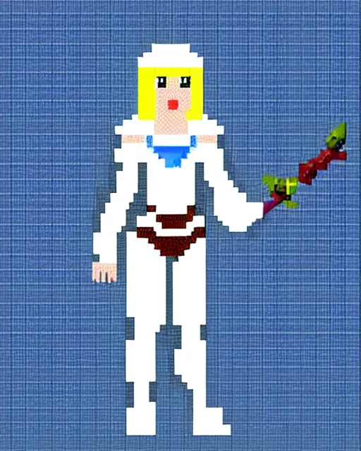 Image similar to a pixel single sprite of a girl holding a sword, in white futuristic armor, pixel art, isometric, 3 2 x 3 2, 2 d game art, 1 6 bit, dynamic pose, # pixelart