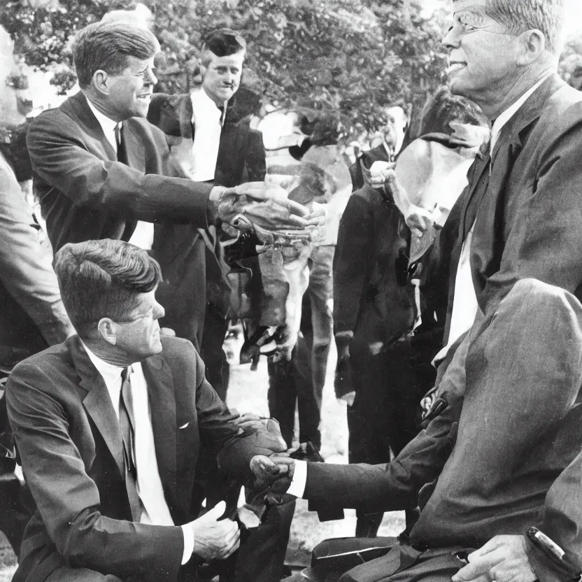 Prompt: vintage photo of president kennedy meeting with an argonian lizard warrior in skryim