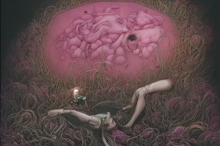Image similar to Keeping you sane, And you fade away just enough, You felt the edge again, You took two pills And you fell asleep, Hugging six rabbits And having pink nightmares, concept art, trade on artstation, sharp focus, psychedelic, by Yoshitaka Amano, Mark Ryden, Zdzisław Beksiński, Extremely high detail, realistic, fantasy art, masterpiece, Hyperrealism. Subsurface scattering. Octane Render. Weirdcore