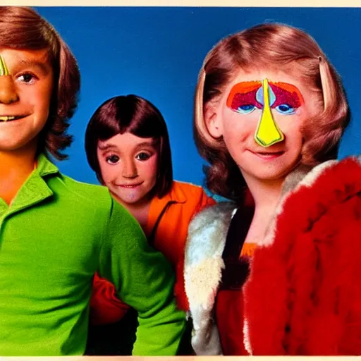 Image similar to still from a 1 9 7 8 children's tv show about people wearing nostrils technicolor