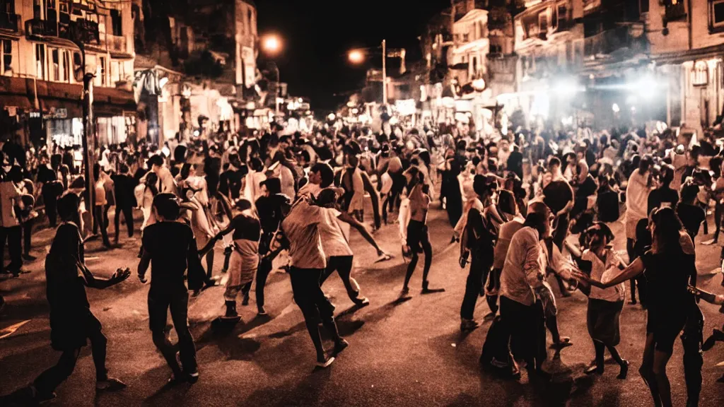 Image similar to people dancing in the street, at night, cinematic, backlight