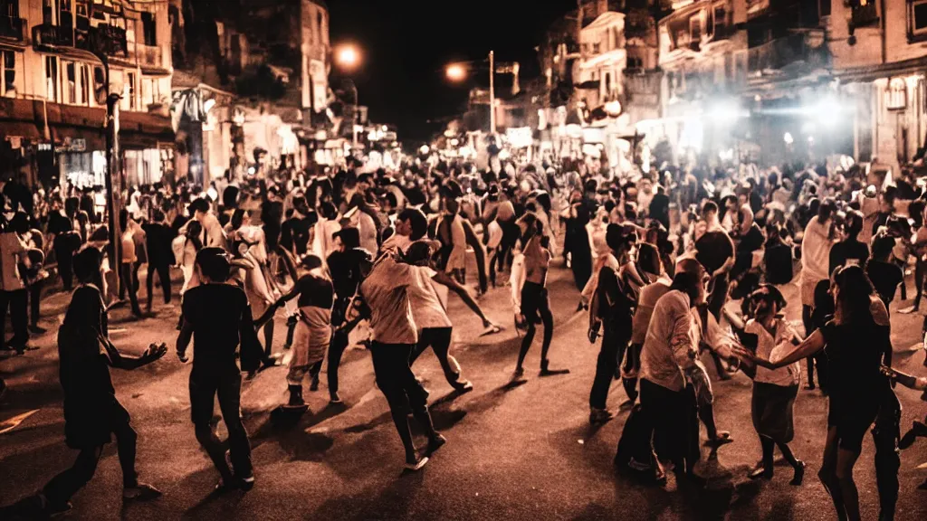 Prompt: people dancing in the street, at night, cinematic, backlight