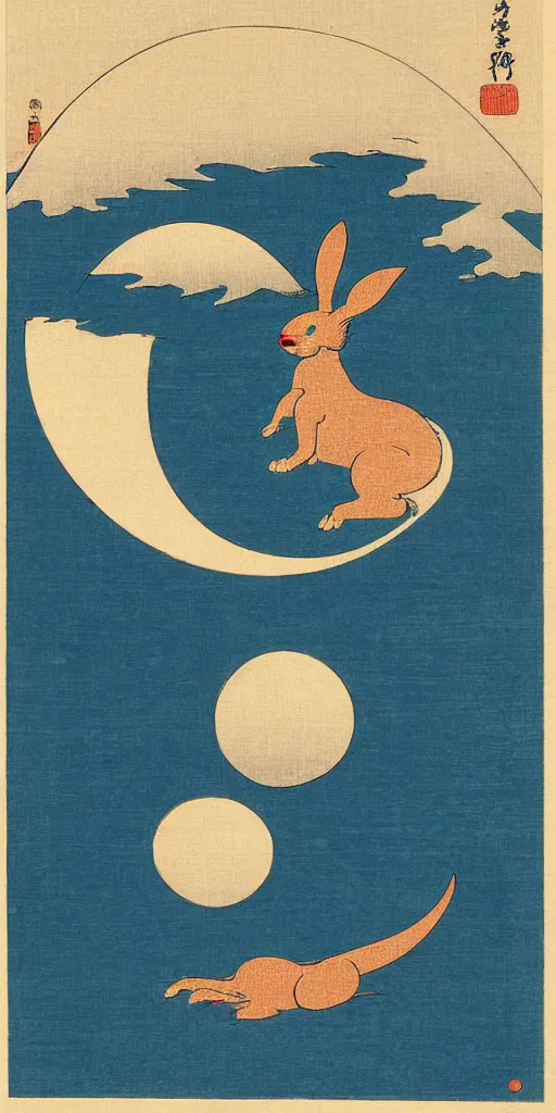 Image similar to an ukiyo - e style woodblock print of a rabbit in the moon, by katsushika hokusai and kawase hasui