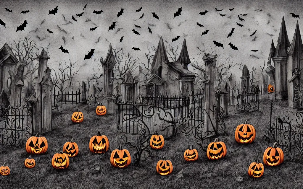 Prompt: engraved halloween pumpkins with menacing expression, scattered in a graveyard at night, bats flying over tombstones, bare trees, iron railing, gloomy atmosphere, digital illustration tim burton style