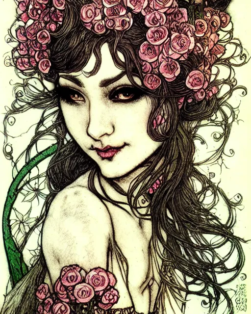 Image similar to burlesque elf, flowers in hair, fantasy character portrait, ultra realistic, concept art, intricate details, art nouveau, japanese woodblock, cinematic, highly detailed by arthur rackham