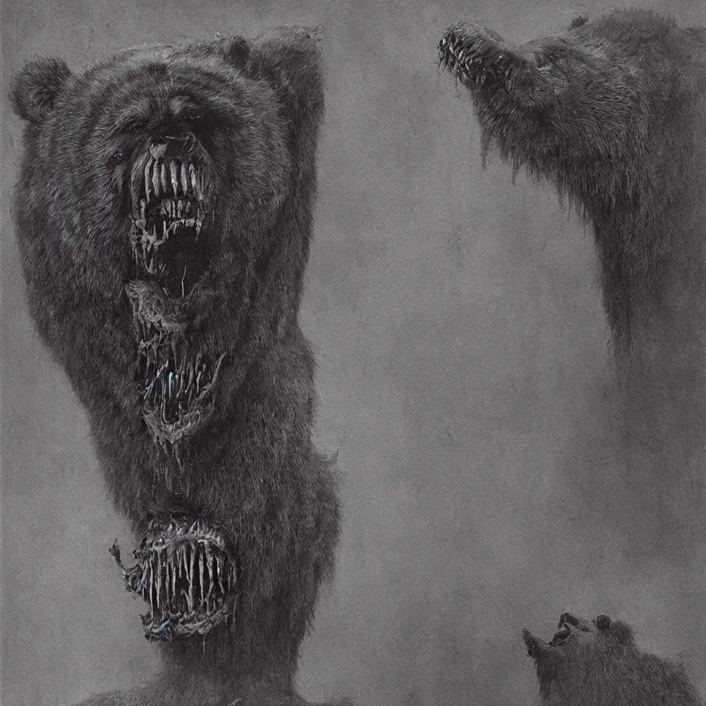 Image similar to horrifying bear creature, fangs, style of zdislaw beksinski