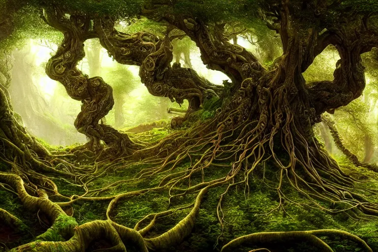 Image similar to a beautiful and highly detailed digital painting of an elven tree with celtic roots in a lush forest in the mystical mountains of nargothrond, psychedelic patterns, intricate details, epic scale, 8 k, sharp focus, photorealism, artstation, cgsociety, by caspar friedrich, albert bierstadt, james gurney, brian froud,