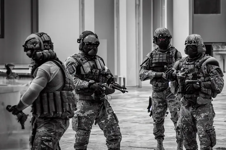 Prompt: Mercenary Special Forces soldiers in grey uniforms with black armored vest and black helmets raising a mansion in 2022, Canon EOS R3, f/1.4, ISO 200, 1/160s, 8K, RAW, unedited, symmetrical balance, in-frame, combat photography