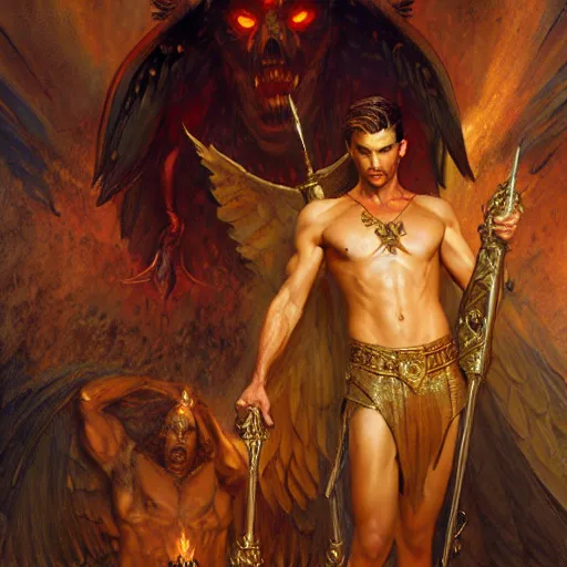 Image similar to attractive male lucifer morningstar casting a spell summoning male demons, they rise from down bellow. highly detailed painting by gaston bussiere, craig mullins, j. c. leyendecker, 8 k