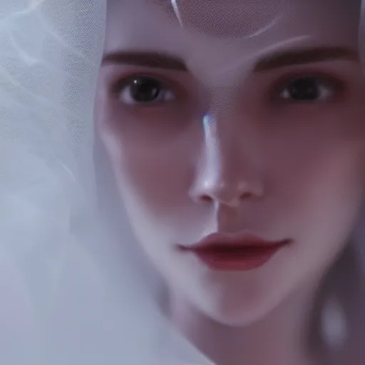 Prompt: hight focus of a wonderful realistic sweet wonderful symmetrical portrait of a lady with fine white veils of semi - transparent silk that wrap and float on her body moved by the wind dramatic light, cinematic, artstation, octane render 8 k s 1