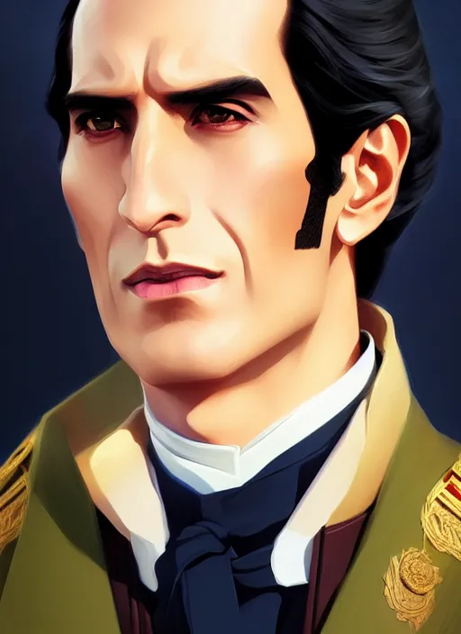 Image similar to a comic portrait of simon bolivar, fine - face, realistic shaded perfect face, fine details, jewelry, night setting. very anime style. realistic shaded lighting poster by ilya kuvshinov katsuhiro, magali villeneuve, artgerm, jeremy lipkin and michael garmash, rob rey and kentaro miura style, trending on art station