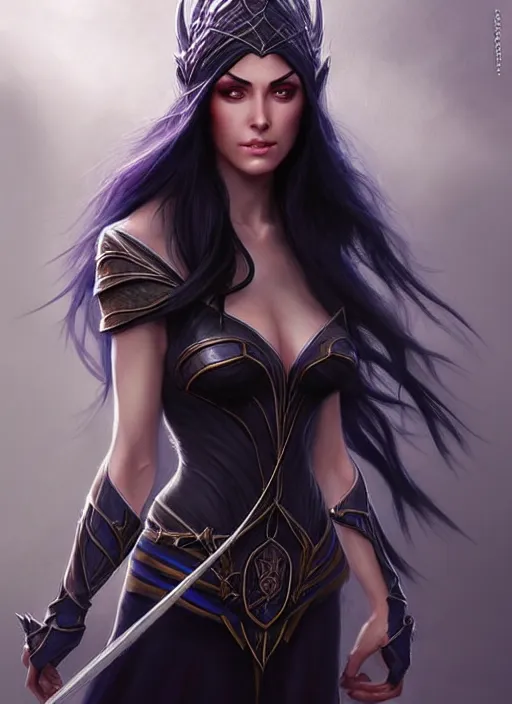 Image similar to d & d concept art of gorgeous elven woman with raven black hair in the style of stefan kostic, realistic, half body shot, sharp focus, 8 k high definition, insanely detailed, intricate, elegant, art by stanley lau and artgerm, foggy backgeound, fantasy