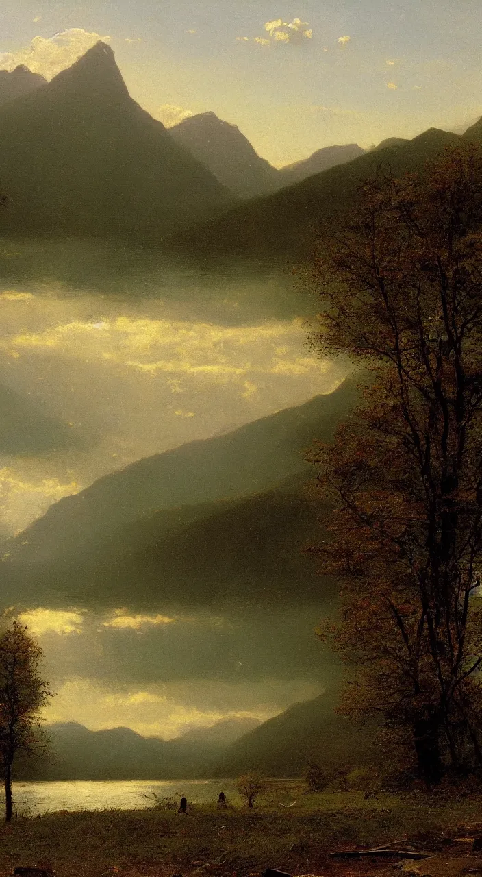 Prompt: An ultradetailed, digital-art, 4k-concept-art-wallpaper, Mountains in the background by George Inness, Lake around