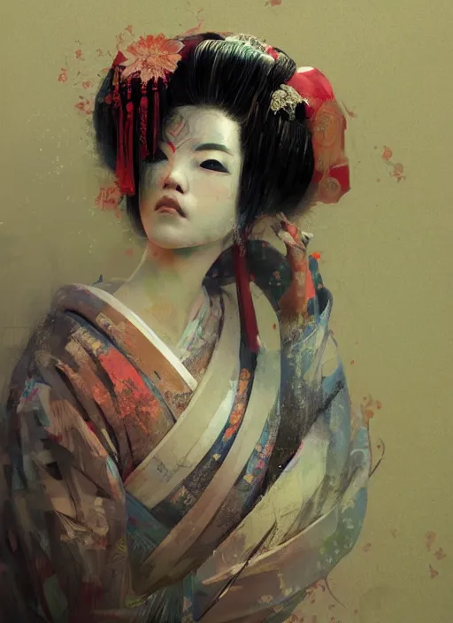 Image similar to female geisha girl, beautiful face, colourful, rule of thirds, intricate outfit, spotlight, by greg rutkowski, by jeremy mann, digital painting