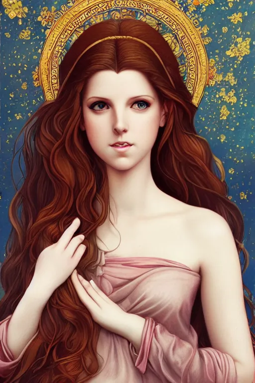 Image similar to goddess who looks like anna kendrick, inspired by pre-raphaelite paintings and shoujo manga, amazing detail, stunning lines, flat colors, 4K, digital illustration, character concept