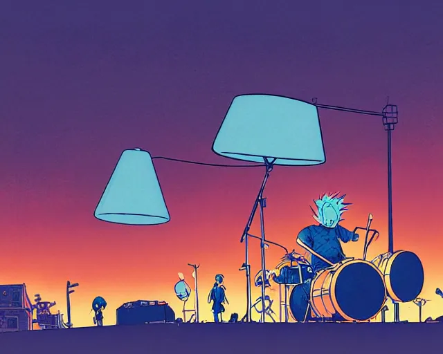 Image similar to a study of cell shaded cartoon of a band playing a microKorg synthesizer and drums floating above a country road, street lamps, road, illustration, wide shot, subtle colors, post grunge, concept art by josan gonzales and wlop, by james jean, Victo ngai, David Rubín, Mike Mignola, Laurie Greasley, highly detailed, sharp focus, Trending on Artstation, HQ, deviantart, art by artgem