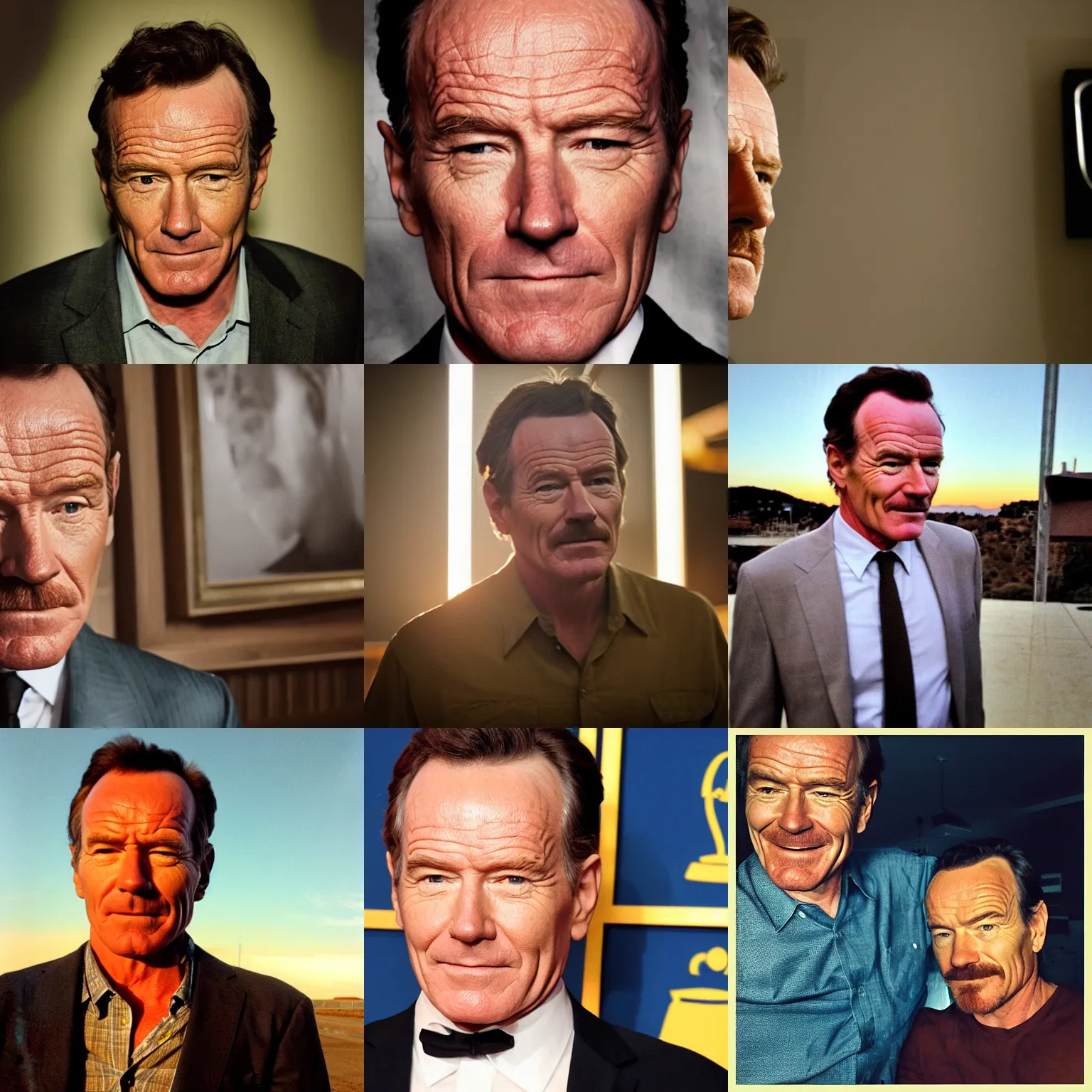 Prompt: A medium shot, cameraphone, indoors photography of Bryan Cranston, golden hour, facebook post 2012