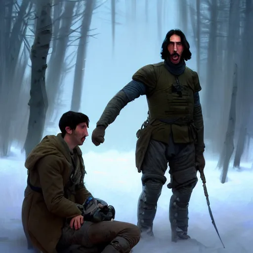 Image similar to portrait of adam driver helping a wounded john oliver, standing together, stoic, full body, military uniform, battle, war, cinematic lighting by darek zabrocki and greg ruthkowski, alphonse mucha, simon stalenhag and cinematic and blue cold atmospheric, concept art, artstation, trending on artstation - w 8 3 2