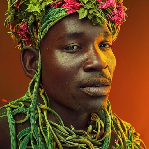 Prompt: colourful vfx art - portrait of nigerian tribal chief wrapped in flowers & vines, art by zdzisaw beksinski & james jean, volumetric light, ray tracing, sharp, detailed, digital painting, illustration, highly detailed, intricate detail, unreal engine, octane render, global light, pinterest, behance, art station,