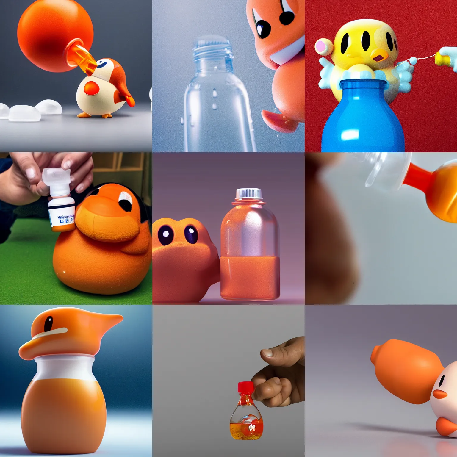 Prompt: photo of a hyper real waddle dee being squeezed out of a plastic bottle, the bottle is full with waddle dee and they are dripping out