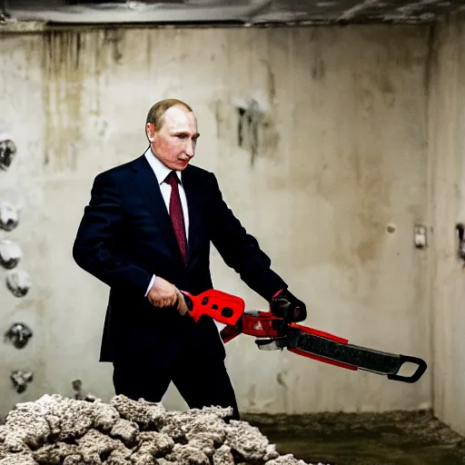 Image similar to putin with a chainsaw. in a concrete bunker with a pile of corpses. focus on putins face with blood splatters. canon eos r 3, f / 1. 4, iso 1 6 0 0, 1 / 8 0 s, 8 k, raw, grainy