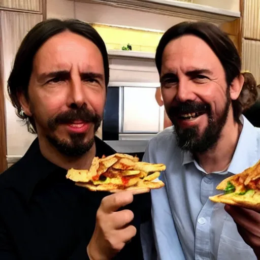 Image similar to pablo iglesias and santiago abascal sharing a kebab in the houses of parliament